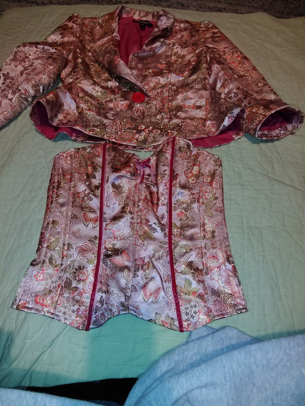 Betsey Johnson Pink Floral Brocade Cropped Blazer with Matching Corset Overlay